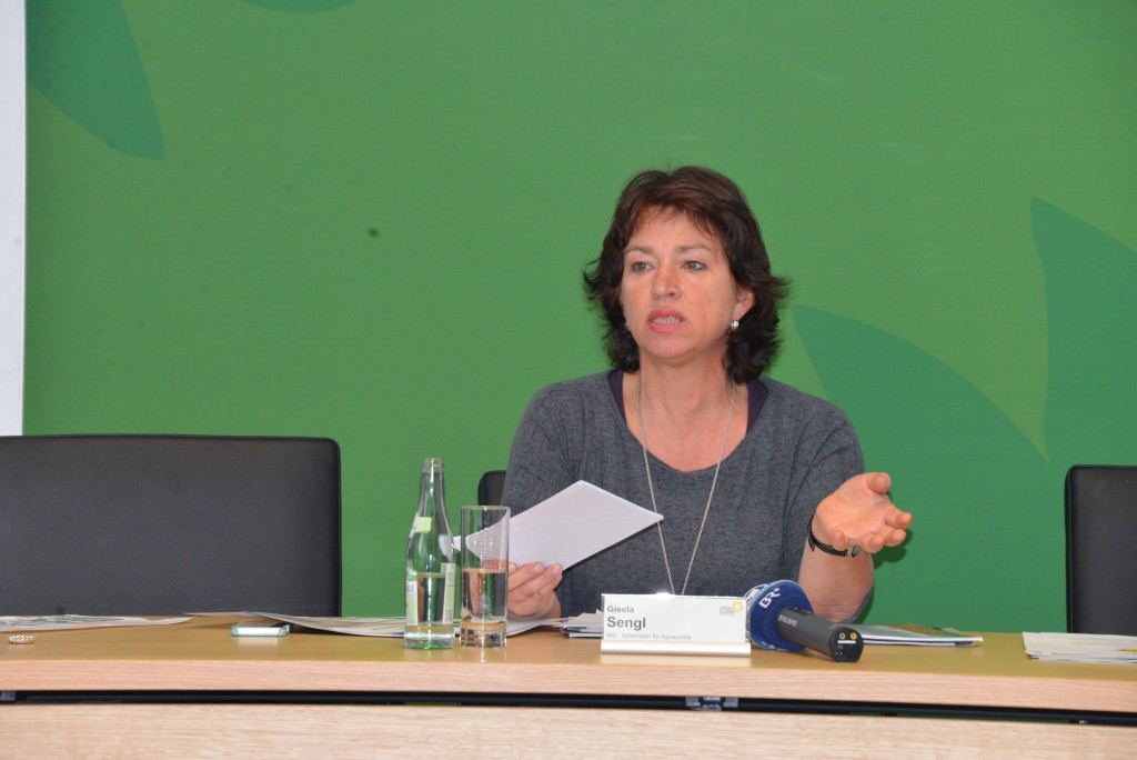 Die agrarpolitische Sprecherin Gisela Sengl stellt in einer Pressekonferenz das grüne Antragspaket zum Bodenschutz vor (5.11.2015)
